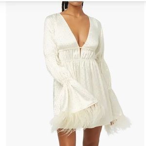 Weworewhat Feather Sleeve Satin Charmeuse Rhinestone Mini Dress- Size S